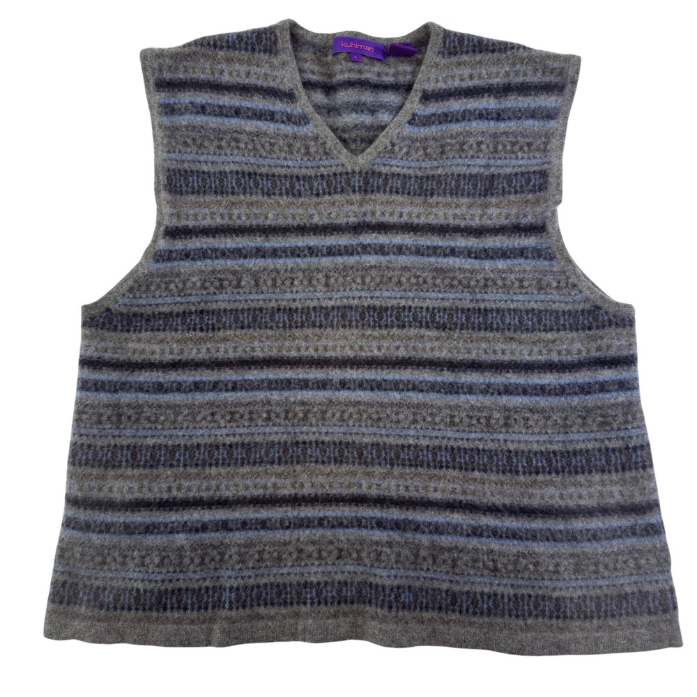 Y2K Kuhlman 100% Cashmere Sweater Vest Women's 4 Gray Blue Striped Fair Isle